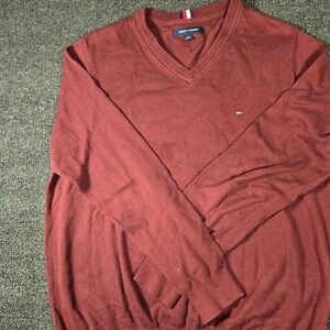 Tommy Hilfiger Mens Burgundy Red V-Neck Cotton Silk Blend Sweater Size Medium
